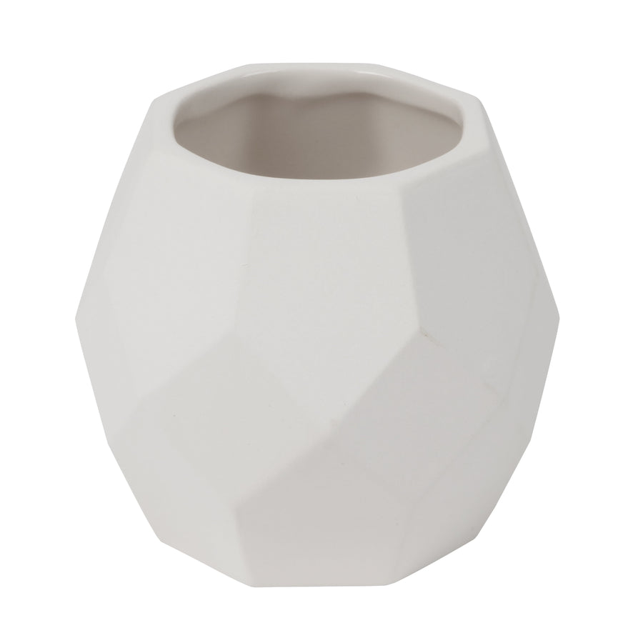 White geometric ceramic planter with faceted polygon shape and round opening, studio shot