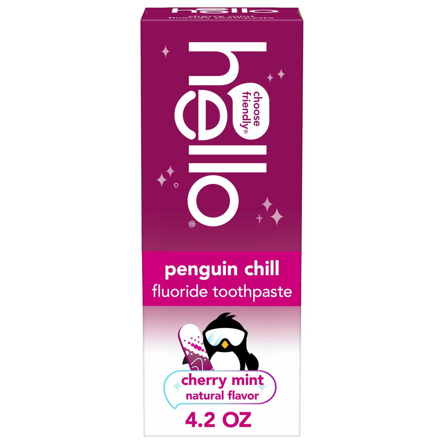 Tall product box for hello Penguin Chill fluoride toothpaste in purple-pink packaging with penguin graphic and 'cherry mint' label.
