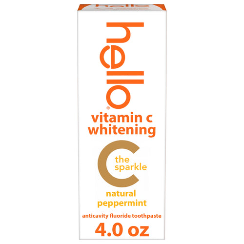 Tall white product box for Hello Vitamin C Whitening toothpaste with orange branding and 4.0 oz label