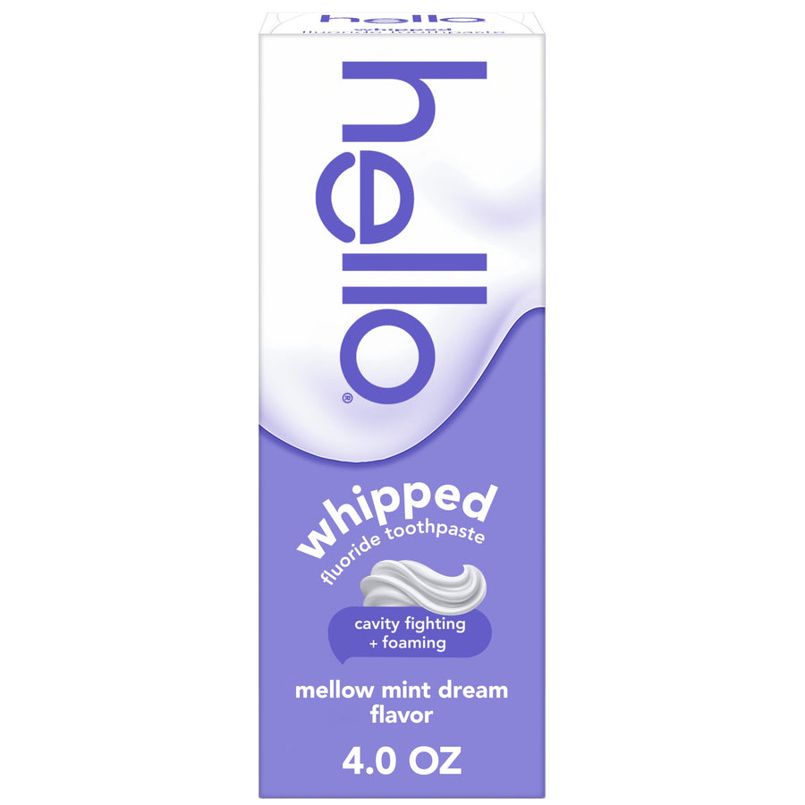 Tall rectangular box of Hello whipped fluoride toothpaste in purple mellow mint dream packaging