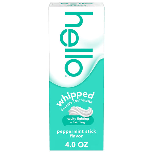 Standing boxed Hello whipped peppermint stick fluoride toothpaste package with teal design