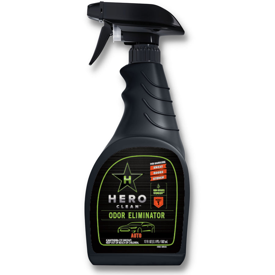 Black Hero Clean spray bottle labeled 'Odor Eliminator' with green-accented auto graphic on front