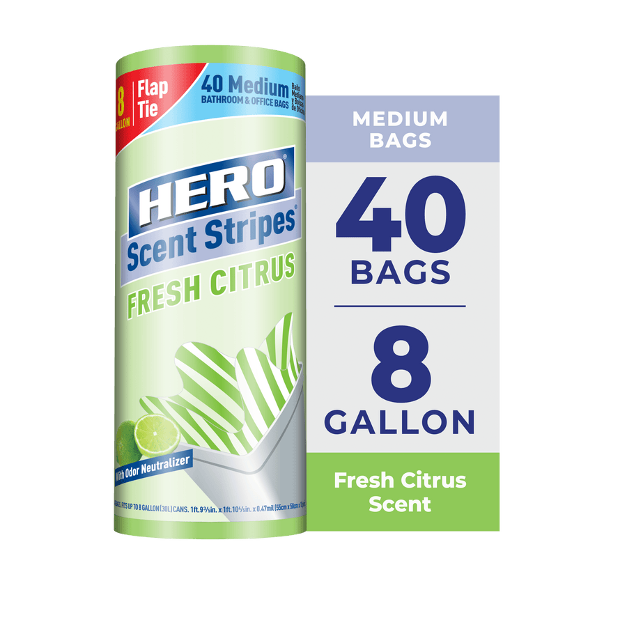 Rolled HERO Scent Stripes Fresh Citrus trash bag pack with 40/8-gallon label