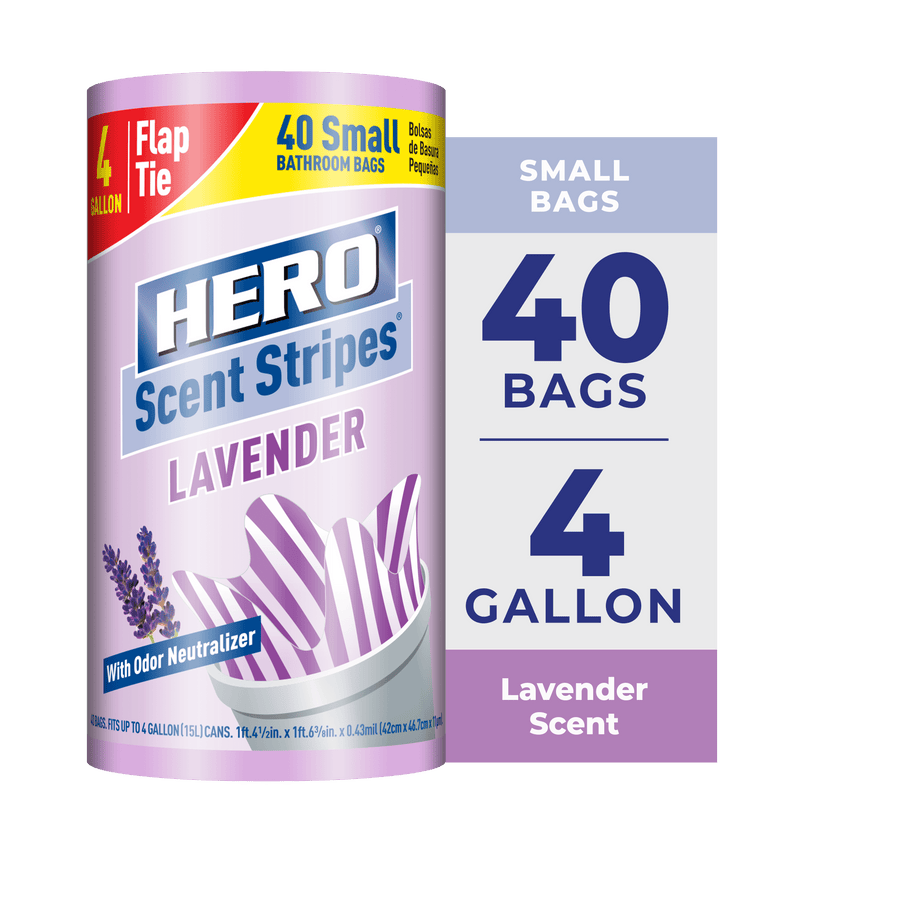 Hero Scent Stripes lavender 4-gallon small flap-tie roll packaging graphic showing 40 bags and lavender stripes