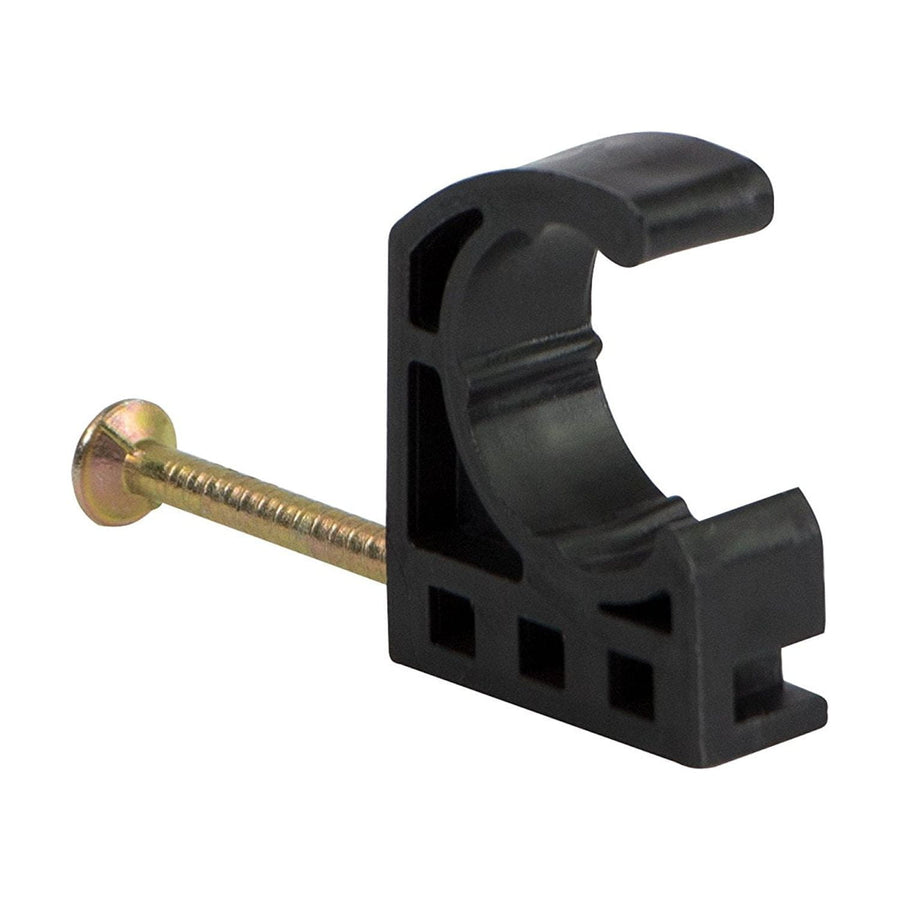 Close-up of a single black plastic J-hook pipe clamp with an inserted gold-tone nail on white background