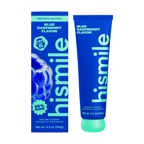 Blue HiSmile toothpaste tube and matching box for blue raspberry flavor on white background.