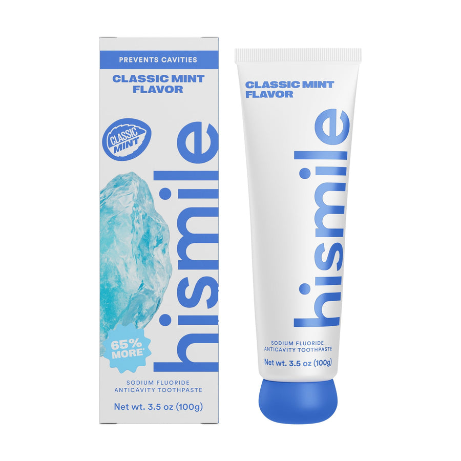 White tube of hismile classic mint toothpaste beside matching boxed packaging with blue mint graphic on white background.
