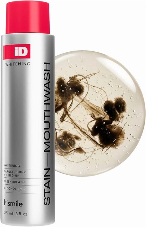 Tall silver bottle of Hismile iD Stain mouthwash with pink cap beside a circular close-up of brown gunk in a clear gel