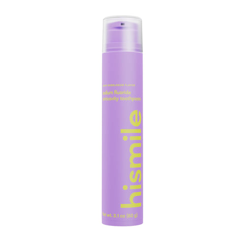 Tall slim purple His smile toothpaste pump bottle against a white background, vertical product shot.