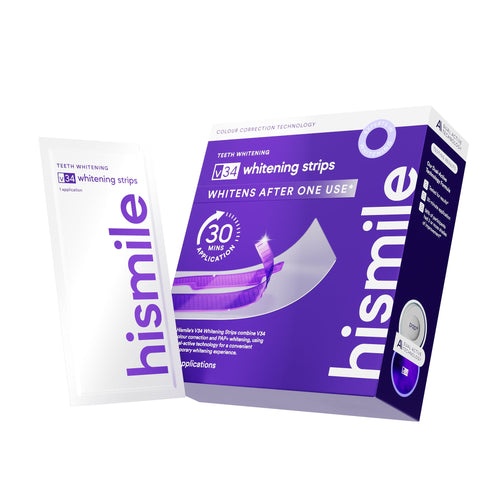 Hismile v34 whitening strips product box and single white sachet with purple branding on a white background.
