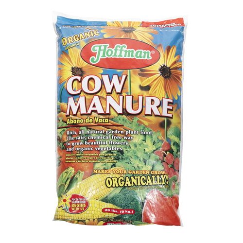 Colorful Hoffman branded bag of organic cow manure with floral and vegetable graphics on front