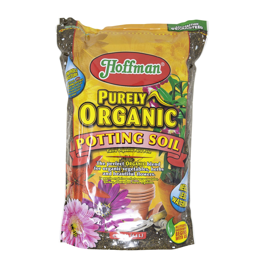 Bag of Hoffman Purely Organic Potting Soil with colorful floral graphics and brand logo on front