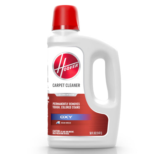 White Hoover oxy carpet cleaner bottle with red cap and red label reading carpet cleaner and oxy ocean breeze.