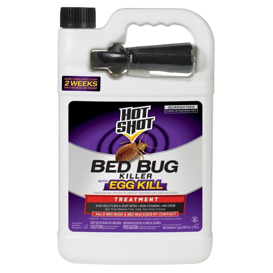 White one-gallon Hot Shot container with purple label reading ‘Bed Bug Killer’ and attached black sprayer
