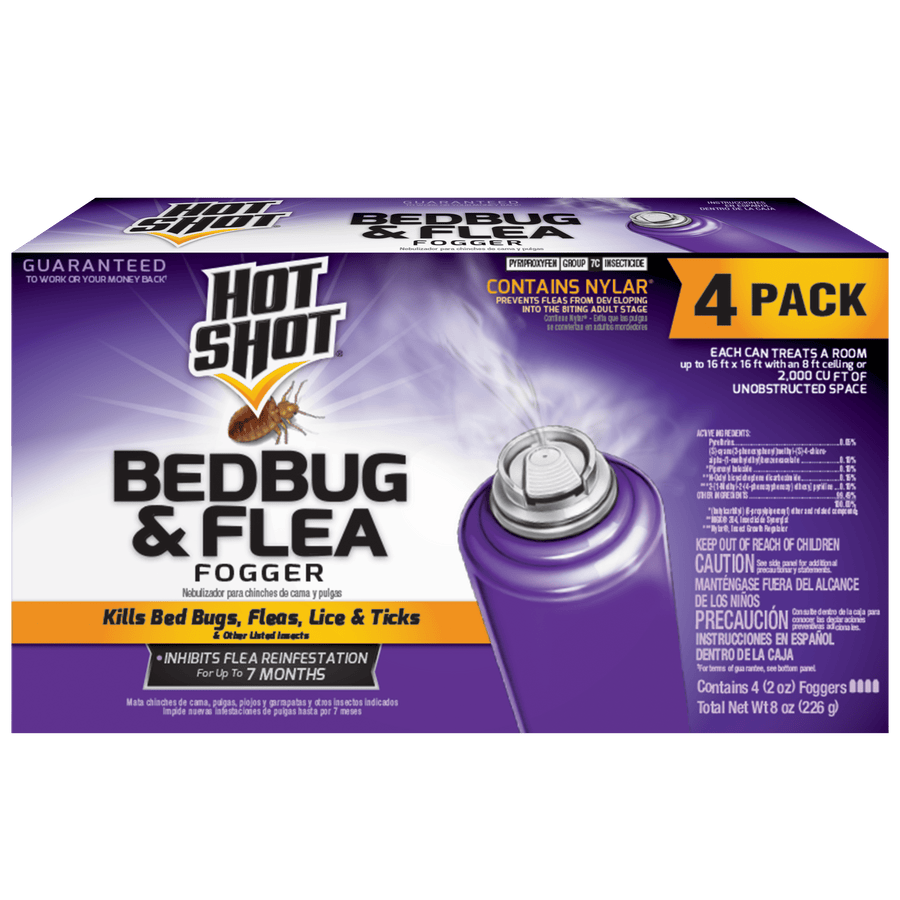 Hot Shot Bedbug & Flea fogger four-pack retail box with purple design and product labeling.