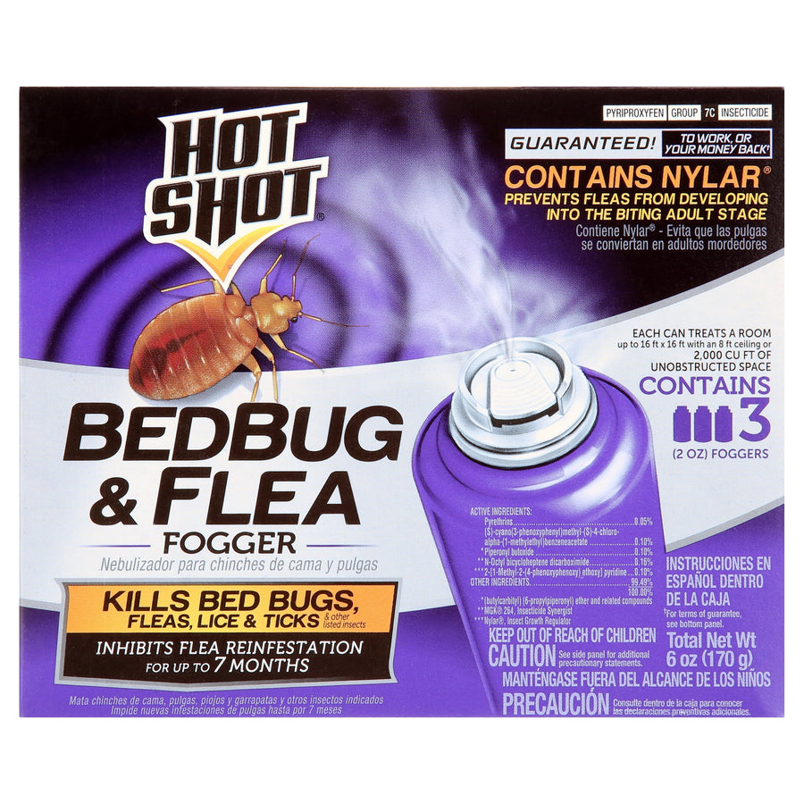 Retail box of Hot Shot Bedbug & Flea fogger with purple branding, product name, insect illustration and can graphic on front