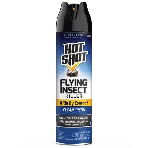 Hot Shot aerosol can of Flying Insect Killer with blue label and black nozzle, 'Kills by Contact' messaging visible.