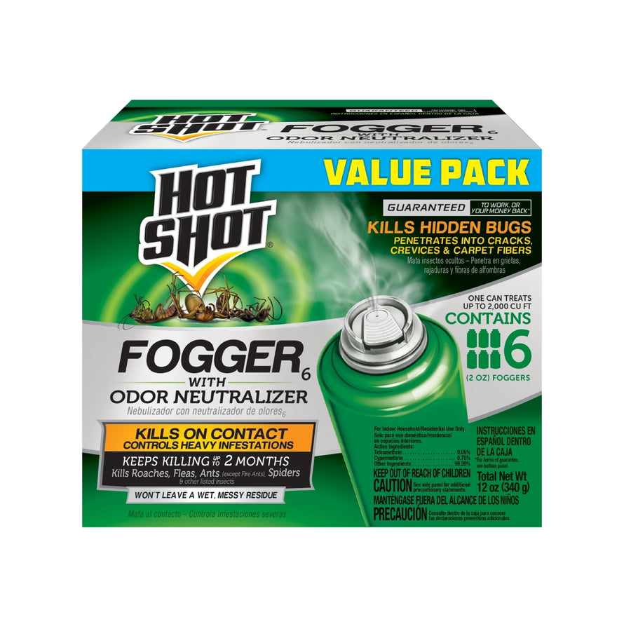 Hot Shot Fogger value pack box with green aerosol can graphic and product claims on front