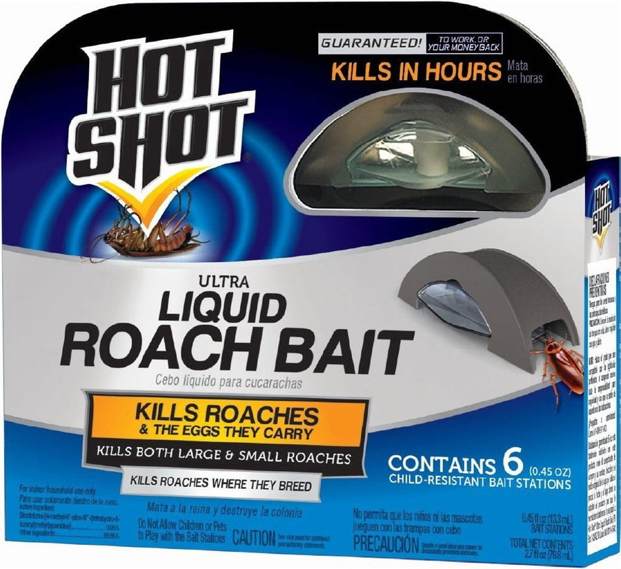 Hot Shot Ultra Liquid Roach Bait retail box showing product name, badge, bait station image and 'Contains 6' callout