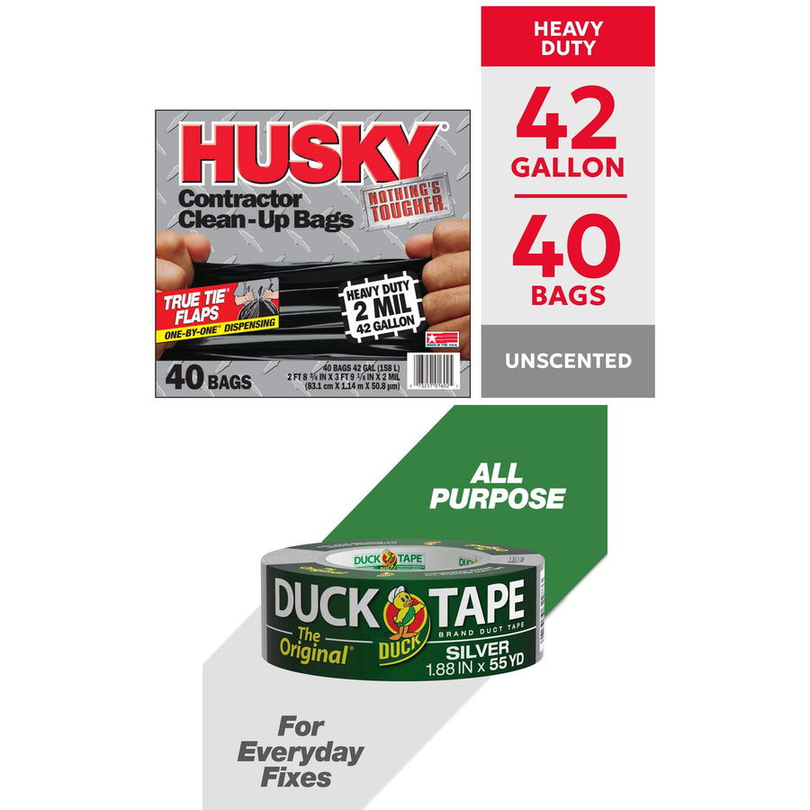 Husky 42-gallon contractor clean-up bag box above a roll of Duck Tape silver duct tape with green feature panel