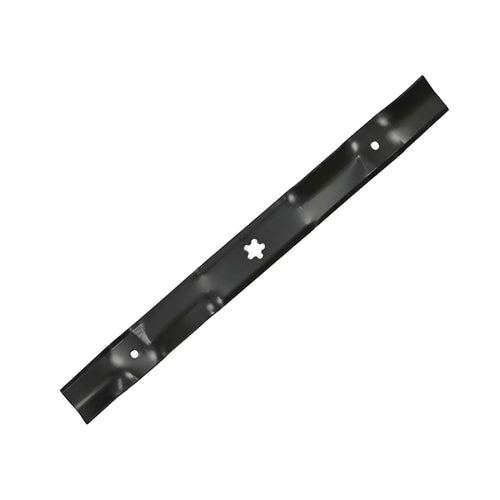 Black mower blade with a flower-shaped center mounting hole and two smaller bolt holes, shown on a white background.