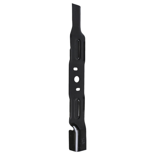 Long black stamped steel mower blade with multiple center mounting holes and bent tip detail on white background.