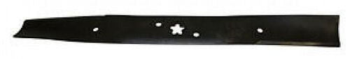 Long black steel lawn mower blade with star-shaped center hole and two round mounting holes