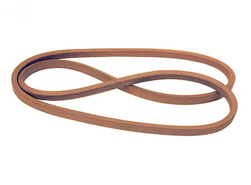 Brown V‑belt laid flat in a figure-eight shape, replacement style mower/cutting deck belt