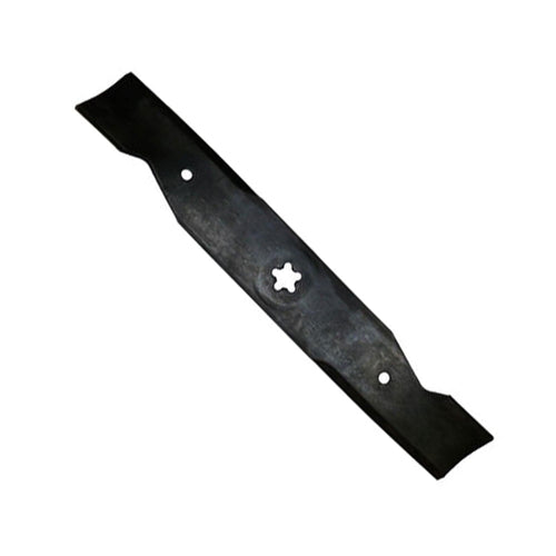 Single black hi-lift mower blade with star-shaped center hole and two round mounting holes on white background