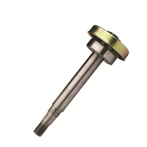 Metal spindle shaft with threaded splined end and bearing assembly on a white background