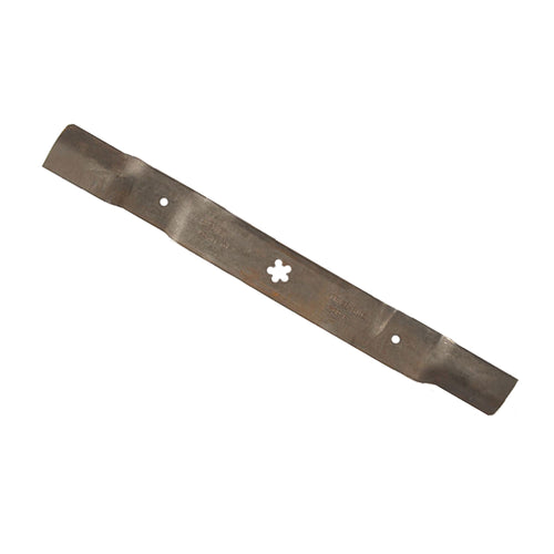 Straight metal lawn mower blade with star-shaped center hole and weathered finish
