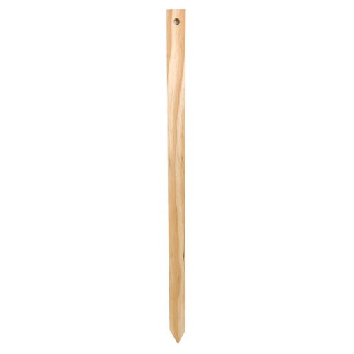 Single natural wooden stake with pointed end and hanging hole on a white background