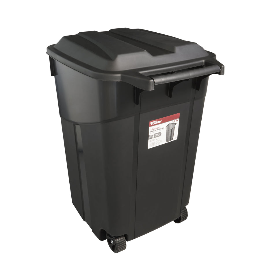Angled view of a black Hyper Tough wheeled outdoor trash can with attached hinged lid and label on front.