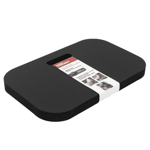 Black rectangular foam kneeling pad with rounded corners and a white product sleeve label showing brand and usage images