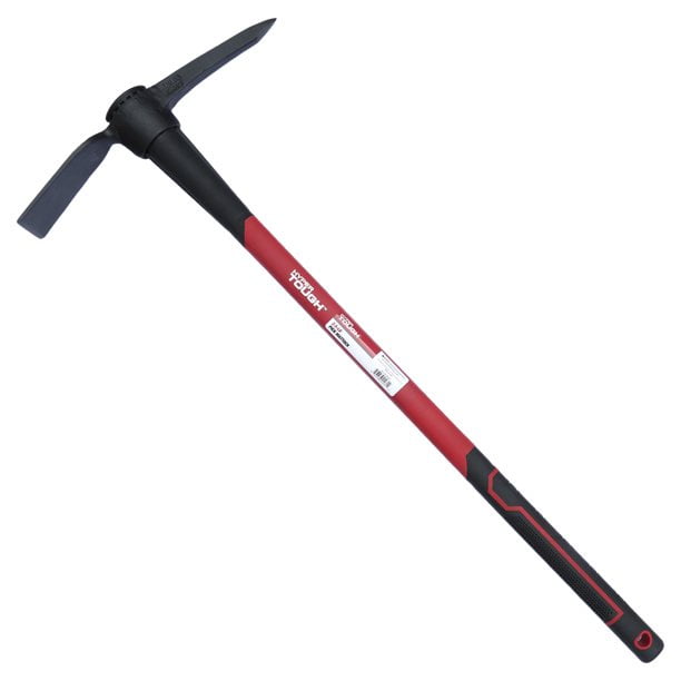 Full-length Hyper Tough red fiberglass-handle pick mattock with dual steel heads on white background