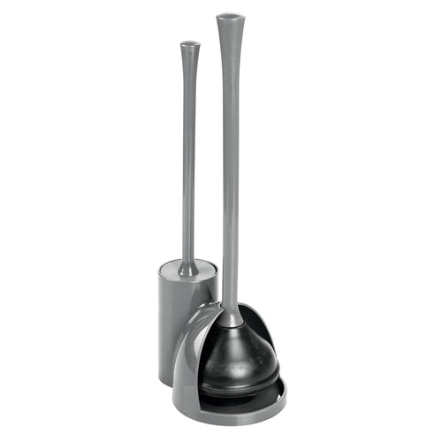 iDesign compact gray toilet plunger and brush set with matching holder on white background