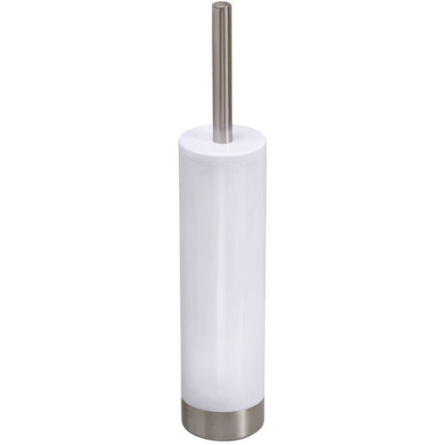 iDesign white cylindrical toilet brush holder with brushed stainless steel handle and base