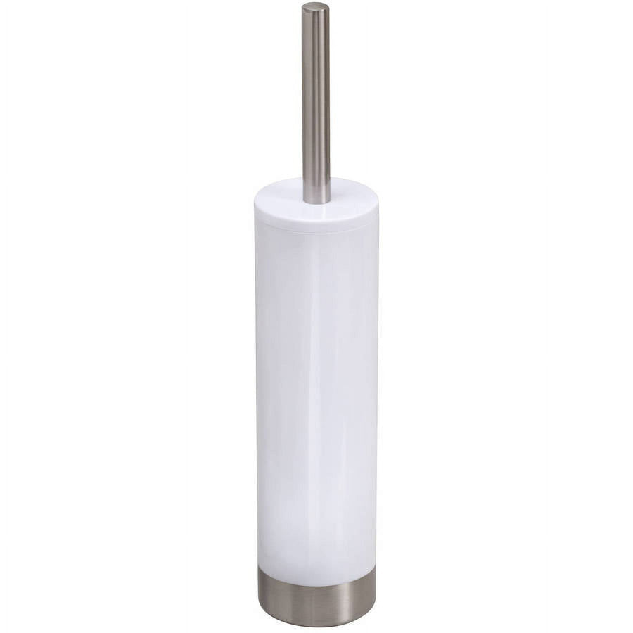 iDesign white cylindrical toilet brush holder with brushed stainless steel handle and base