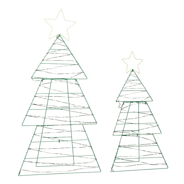 Illustrated outline of two tiered wire-frame Christmas trees with illuminated star toppers on white background