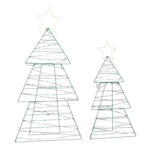 Illustrated outline of two tiered wire-frame Christmas trees with illuminated star toppers on white background