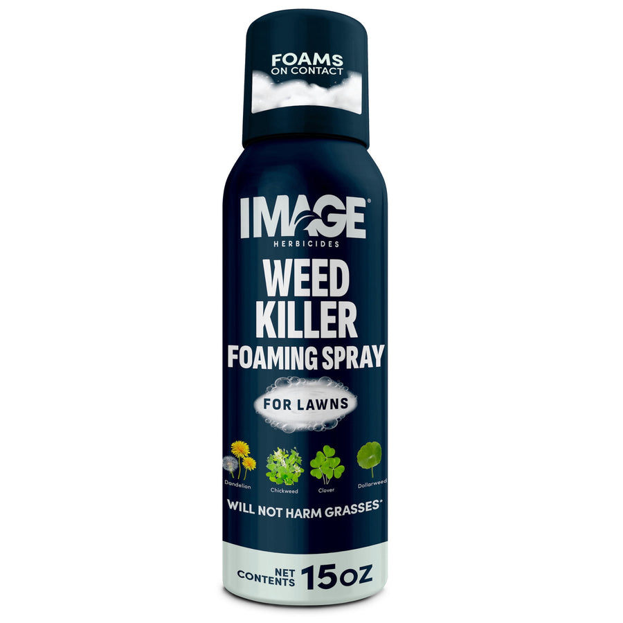 Full product shot of IMAGE weed killer foaming spray can on white background with label visible