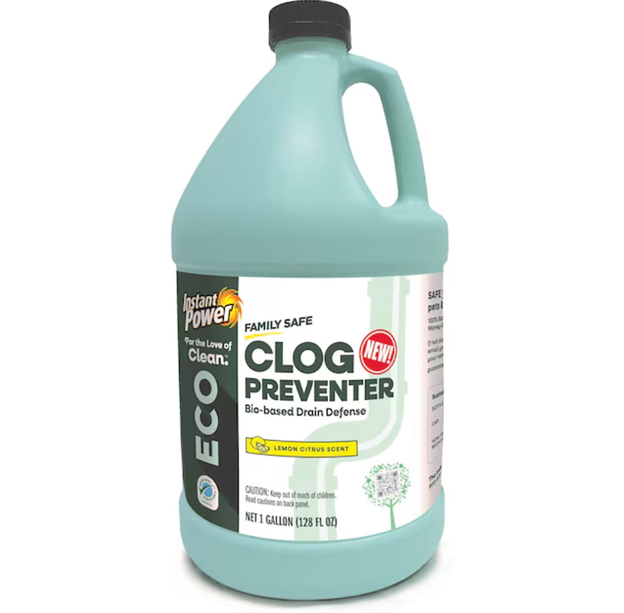 Teal one-gallon jug of Instant Power ECO Clog Preventer with front label showing product name and lemon citrus scent.