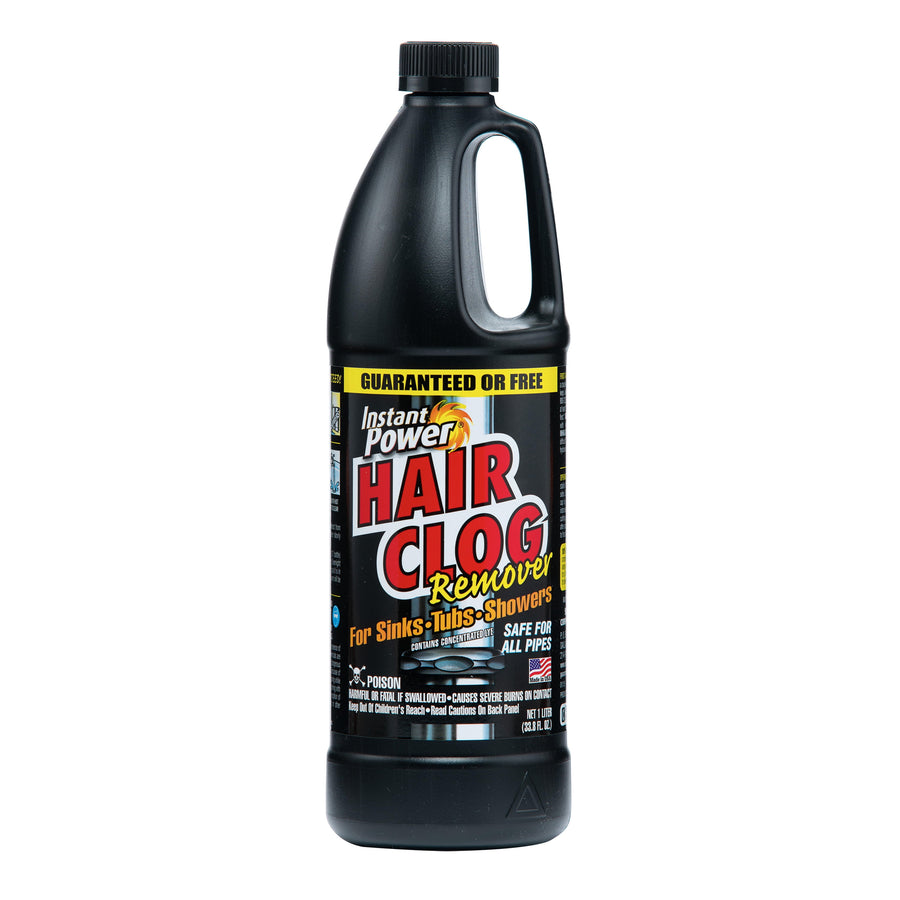 Black plastic bottle of Instant Power Hair Clog Remover with bold red label on white background