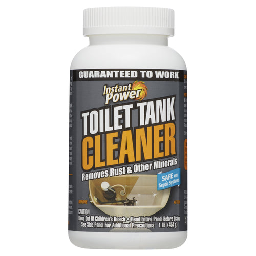 White bottle of Instant Power Toilet Tank Cleaner with bold gray and orange label reading 'Toilet Tank Cleaner'