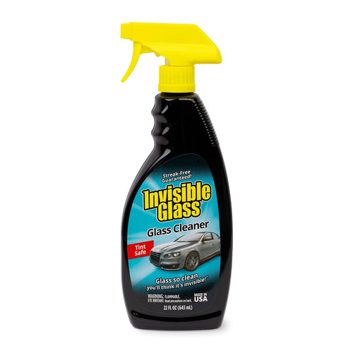 Single bottle of Invisible Glass glass cleaner with yellow spray top and blue label on white background