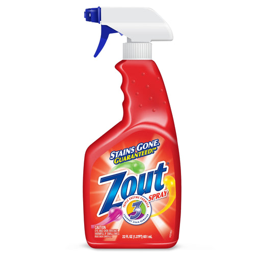 Isolated product shot of a red Zout spray bottle with white trigger on a plain white background