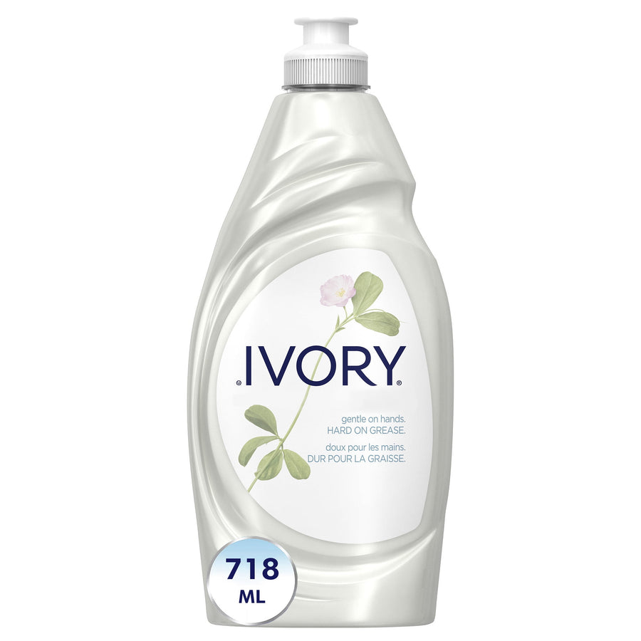 Ivory branded white plastic dish soap bottle with floral label and pump top on white background