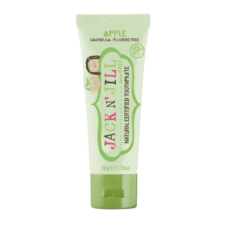 Tube of Jack N' Jill apple natural certified children's toothpaste with green cap on white background