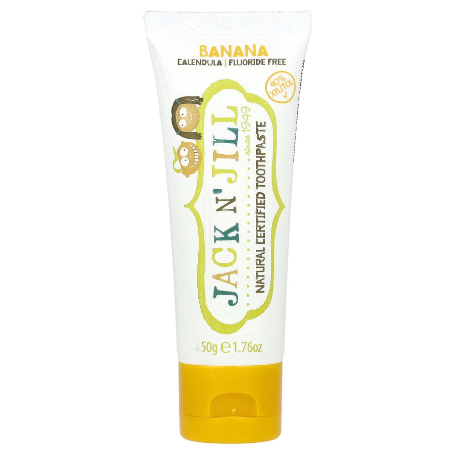 Jack N’ Jill banana kids toothpaste tube with yellow cap, front label reading Jack N’ Jill natural certified toothpaste
