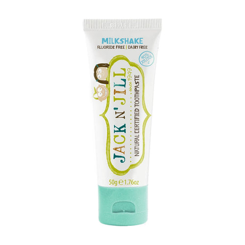 Front view of a Jack N' Jill Milkshake flavored kids toothpaste tube with aqua cap and visible logo